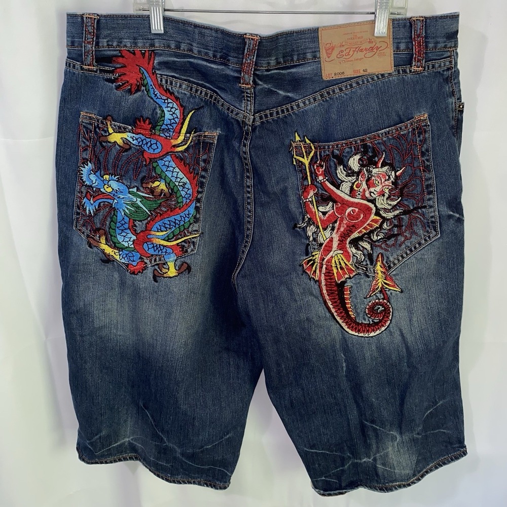 Ed Hardy Shorts Mens 42 Christian Audigier Embroidered Dragon Mermaid Vtg Y2K